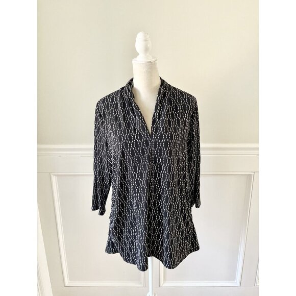 Vince Camuto 1X Black & White Printed Stretch Jersey Top With 3/4 Sleeves & Rouc - Picture 2 of 6
